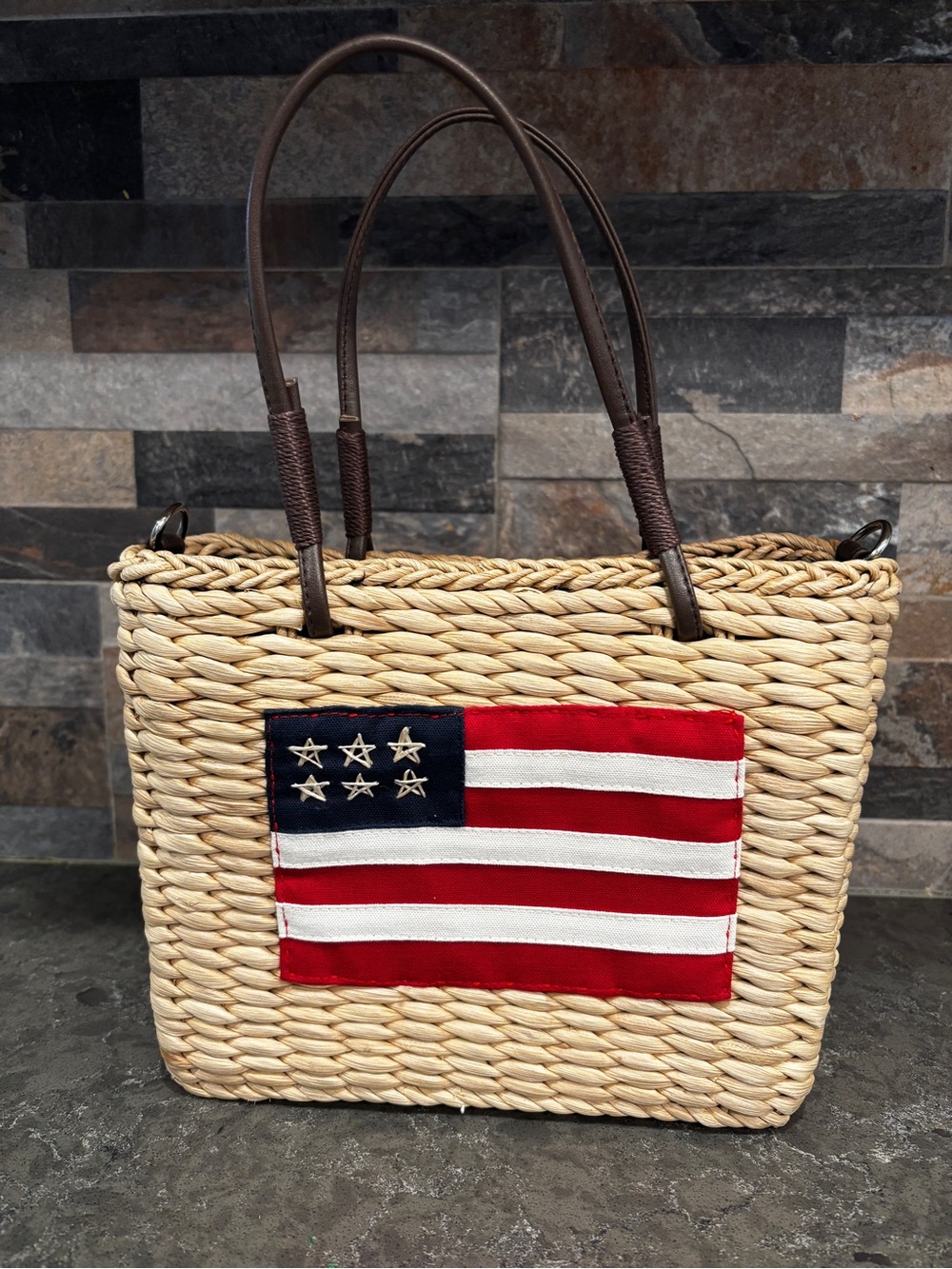 Sonoma Woven Straw Tote with American Flag Patch - Natural/Red/White/Blue